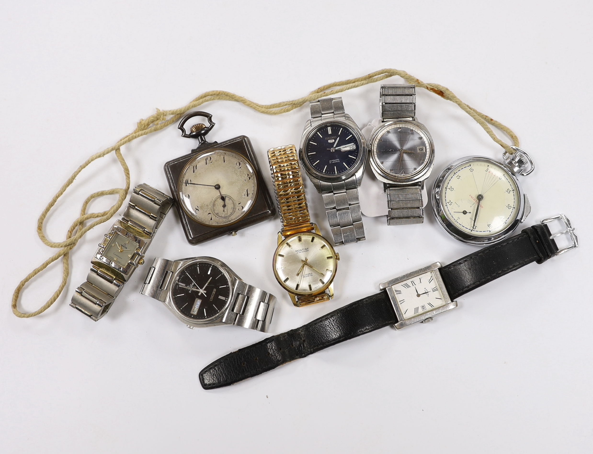 Six assorted gentleman's wrist watches including a Seiko Diashock automatic, two other Seiko watches and a sterling Rotary watch, together with a gun metal travelling timepiece and a 'Yachtsman' stop watch.